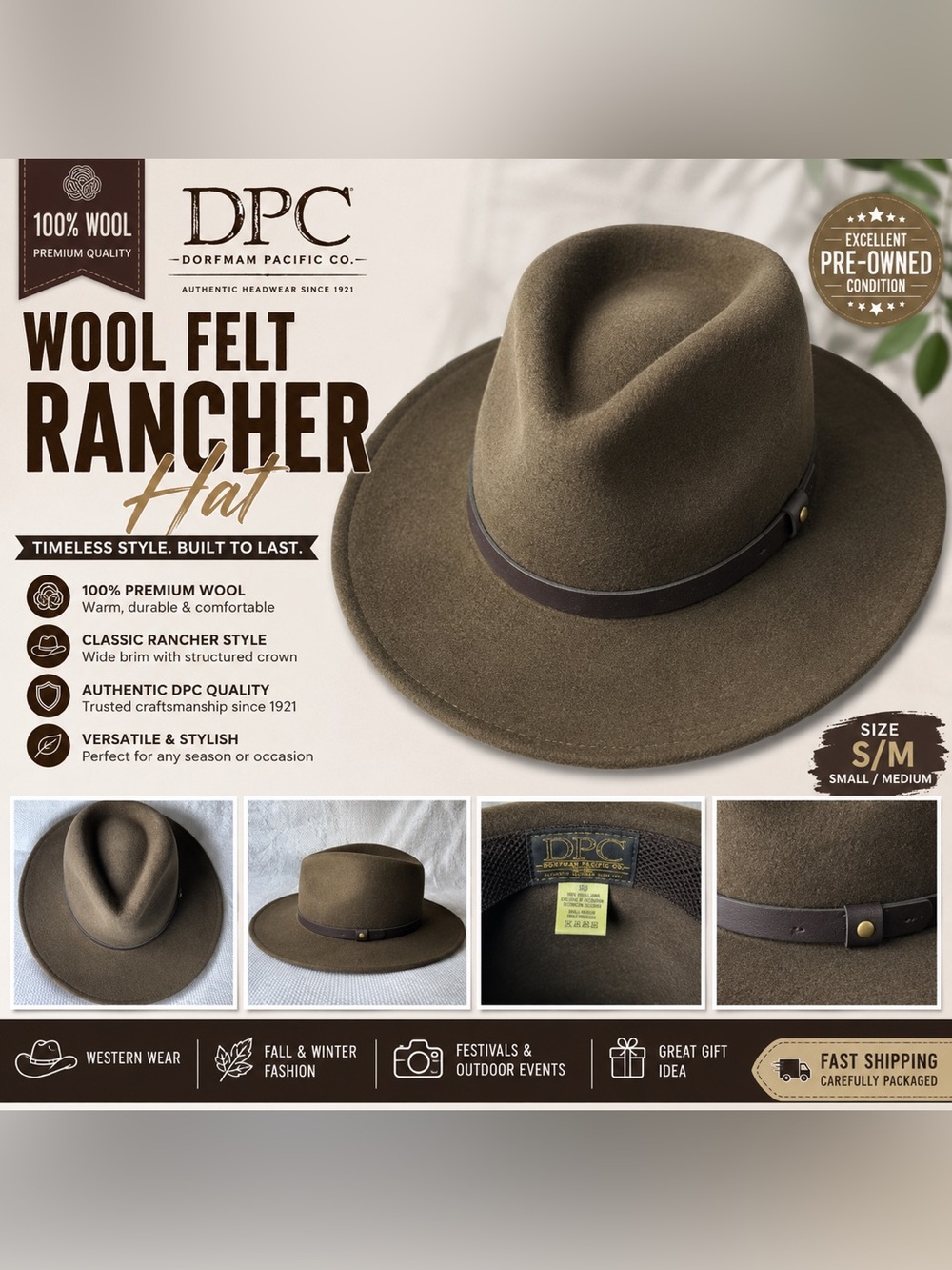 DPC Wool Felt Rancher Hat in Olive Brown